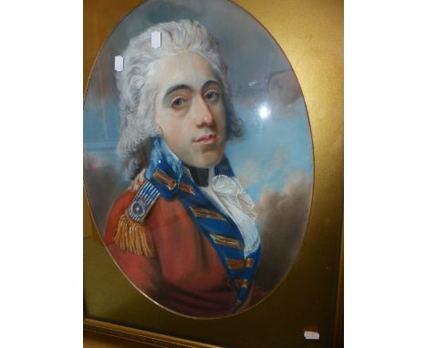 ENGLISH SCHOOL AFTER JOHN RUSSELL.(1745-1806)   AN OVAL PORTRAIT OF CAPTAIN HARVEY, ROYAL WELSH FUSILIERS, PASTEL.   61 x 44c