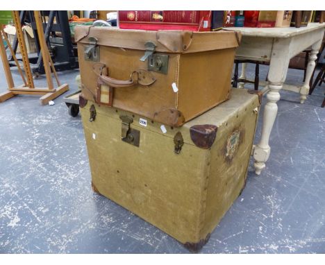 A LARGE CANVAS CABIN TRUNK AND A LEATHER HAT BOX.