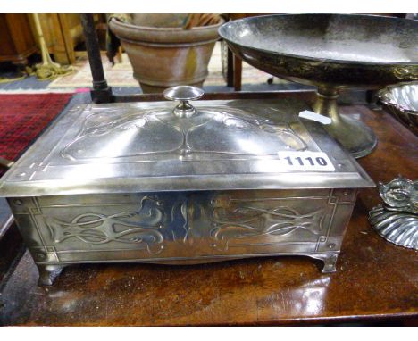 A PAIR OF SILVER PLATED FIVE BRANCH CANDELABRA, AN ART NOUVEAU JEWELLERY BOX, A PLATED GALLERY TRAY, ETC.  (QTY)