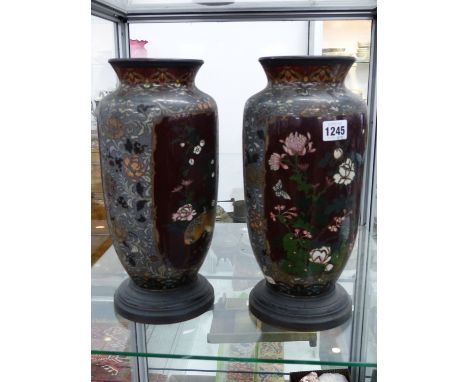 A PAIR OF JAPANESE BRASS MOUNTED BALUSTER FORM CLOISONNE VASES, FORMERLY OIL LAMP BASES, FLORAL PANELS WITH BIRDS AND INSECTS