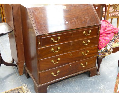 A GEO.III.MAHOGANY BUREAU WITH FITTED INTERIOR OVER FOUR LONG GRADUATED DRAWERS ON BRACKET FEET.   W.92 x H.116 x D.53cms