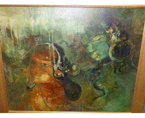 20th.C.SOUTH EAST ASIAN SCHOOL.  A PORTRAIT OF TWO WOMEN, OIL ON CANVAS.   80 x 73cms.
