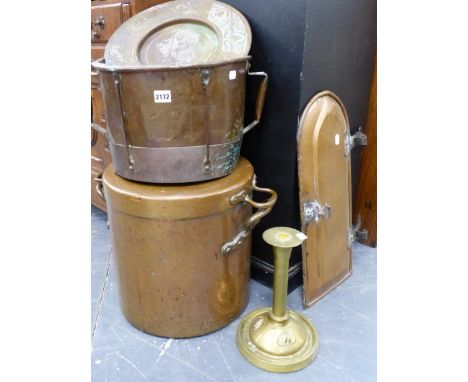 A LARGE COPPER LIDDED COOKING POT, A COPPER COVER, A COPPER MEASURE, AN ARTS AND CRAFTS BRASS LAMP BASE AND A REPOUSSE TRAY. 