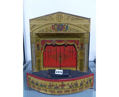 A PRINTED CARD AND WOOD MODEL OF POLLOCK'S THEATRE WITH ELECTRIC LIGHTING.   H.35cms.