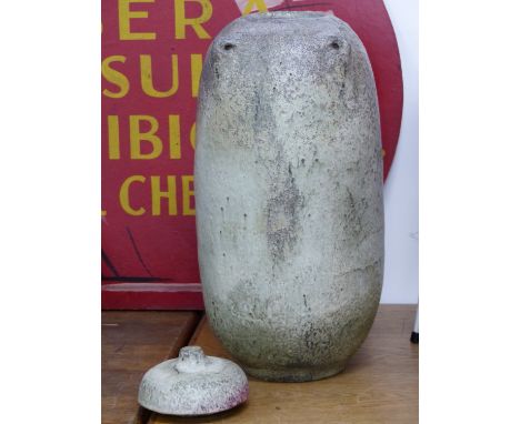 AN INTERESTING LARGE GERMAN ART POTTERY LIDDED URN.   H.59cms.