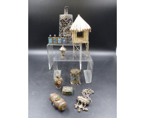 A COLLECTION OF TIBETAN AND CHINSESE WHITE METAL TO INCLUDE THREE JEWELLED SNUFFS, TWO LANTERNS,  AN AMULET ON CHAIN, A MODEL