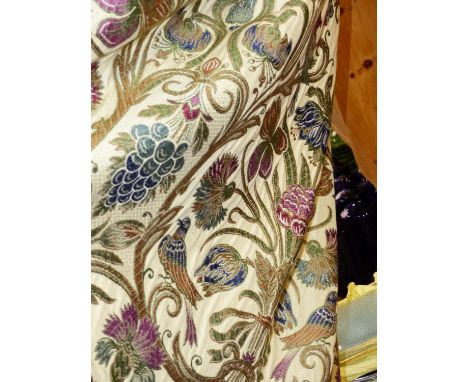 CURTAINS.   THREE PAIRS OF FLORAL TAPESTRY PATTERN CURTAINS WTH RED VELVET LININGS AND TASSLE FRINGE.   TWO PAIRS DROP 203 x 