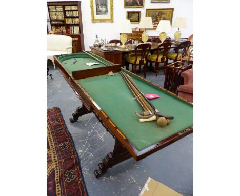 A RARE Wm.IV.MAHOGANY FOLD OVER BAGATELLE TABLE ON ORIGINAL TRESTLE BASE SUPPORTS.