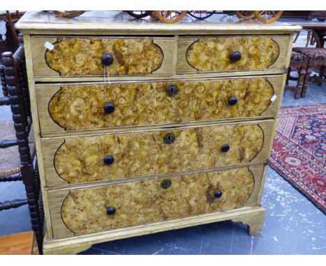 A 19th.C. SCUMBLE PAINT DECORATED PINE CHEST OF DRAWERS, TWO SHORT, THREE LONG ON BRACKET FEET.   W.95 x H.96 x D.52cms.