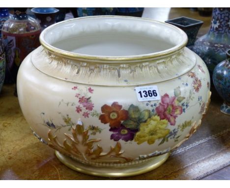 A ROYAL WORCESTER BLUSHWARE JARDINIERE, DATE CODE FOR 1891/2 DECORATED WITH FLOWERS ABOUT ACANTHUS LEAVES RAISED IN RELIEF AN