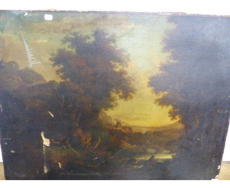 OLD MASTER SCHOOL. AN ITALIANATE LANDSCAPE WITH FIGURES CROSSING A BRIDGE, OIL ON CANVAS, UNFRAMED. 60 x 90cm s.