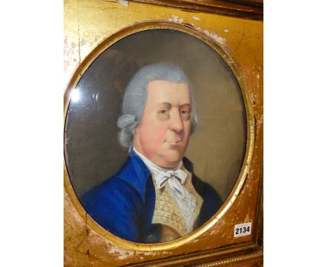 LATE 18th.C.ENGLISH SCHOOL.   AN OVAL PORTRAIT OF A GENTLEMAN BELIEVED TO BE Dr. WALL OF WORCESTER, PASTEL.   30 x 26cms.