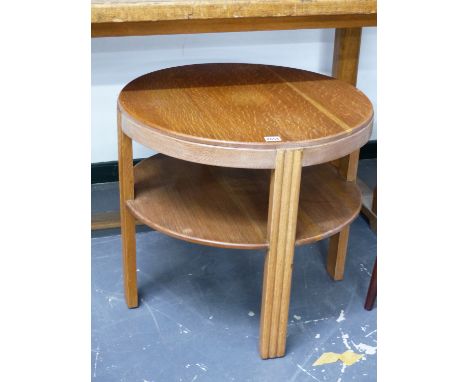 AN ART DECO STYLE OAK CIRCULAR TWO TIER COFFEE TABLE AND A SIMILAR SMALLER EXAMPLE, LARGEST   Dia.60cms.