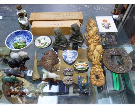 A COLLECTION OF CHINESE CLOISONNE, HARDSTONE AND SOAPSTONES TOGETHER WITH ORIENTAL PORCELAINS AND INDIAN WORKS OF ART.