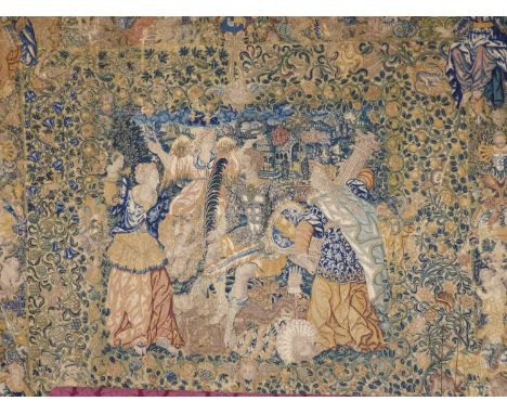AN EARLY FRENCH TENT STITCH MARRIAGE TAPESTRY DEPICTING CHASTITY VICTORIOUS OVER LUST WITH ELABORATE FIGURAL BORDERS WITH CEN