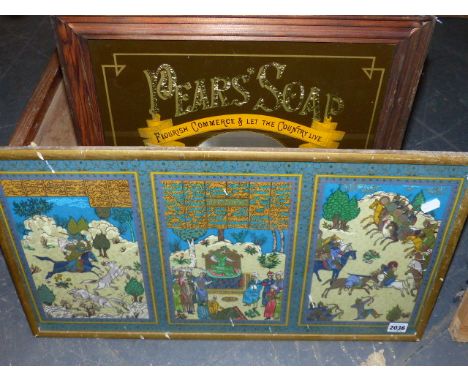 A COLOUR PRINT OF A PERSIAN MANUSCRIPT DEPICTING VARIOUS SCENES OF COURT LIFE TOGETHER WITH A VINTAGE STYLE PEARS ADVERTISING