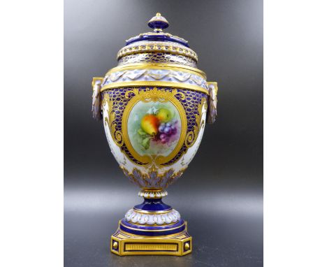 A ROYAL WORCESTER POT POURRI VASE WITH STOPPER AND PIERCED COVER, DATE CODE FOR 1902/3, GILT ON TWO TONES OF BLUE ABOUT A FRU