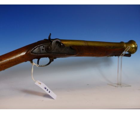 A BRASS BARRELED BLUNDERBUSS, THREE STAGE BARREL WITH RING TURNED MUZZLE, STEPPED LOCK CONVERTED FROM FLINTLOCK, FULL STOCKED