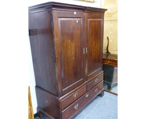 A GEO.III.MAHOGANY LINEN PRESS CABINET ON BRACKET FEET.   W.132 x H.179 x D.62cms.