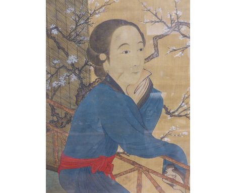 CHINESE SCHOOL.   A PORTRAIT OF A LADY ON A TERRACE, INSCRIBED WITH CHARACTERS AND SEAL, WATERCOLOUR ON SILK.   65 x 49cms.