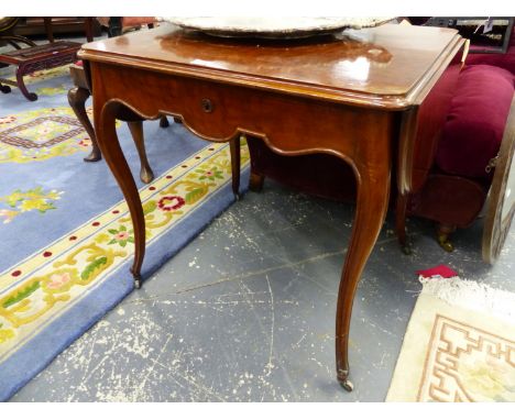 AN ANTIQUE FRENCH MAHOGANY CARVED LOUIS XV STYLE SMALL SOFA OR CENTRE TABLE WITH DROP LEAVES AND APRON DRAWER.   OPEN W.118 x