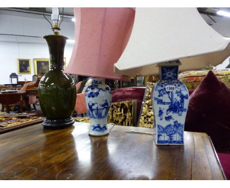 A CHINESE BLUE AND WHITE COVERED VASE OF SQUARE SECTION WITH FIGURAL DECORATION MOUNTED AS A LAMP, SIX CHARACTER MARK TO BASE