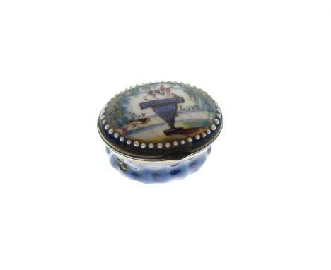 George III 'Bilston' enamel patch box, the cover painted with two doves perched atop a vase, inscribed 'Love for Love', withi