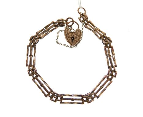 Gate link bracelet, stamped '9ct', with heart shape padlock, 6g gross approx