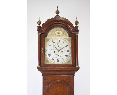 Early 19th Century oak-cased 8-day longcase clock, the 12-inch break-arched Roman dial with convex centre, inscribed 'Jas. Co