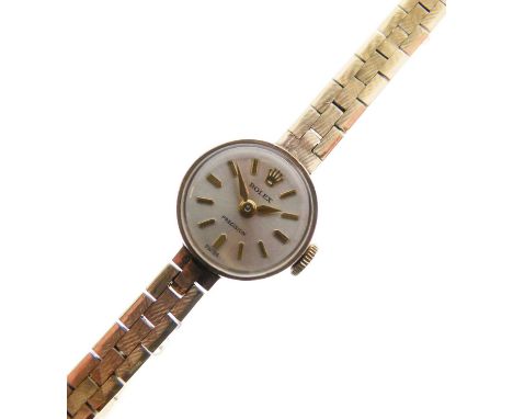 Rolex - Lady's Precision 9ct gold cocktail watch, silvered dial with applied gilt baton hour markers, signed crown and case b