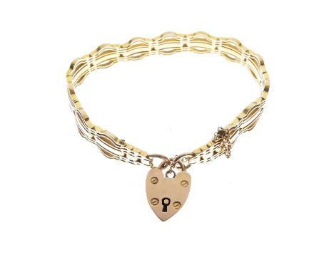 Fancy gate link bracelet with heart shape clasp, stamped '9ct', 18cm long approx, 19.1g approx