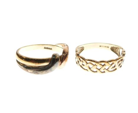 9ct gold Celtic knot design ring, size M,  and a 9ct gold three-colour ring of crossover design, size N approx, 4.8g gross ap