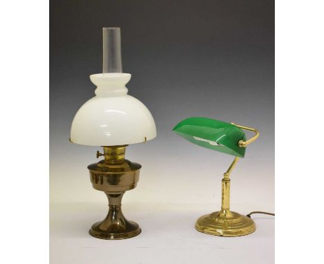 Modern 'bankers' lamp, 34cm high, together with an oil lamp, 60cm high