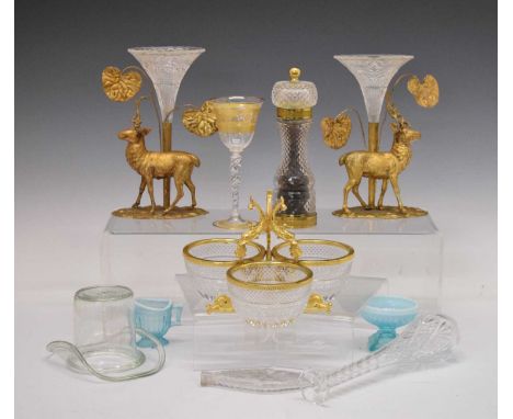 Collection of 19th Century and later cut and other glass, to include pair of trumpet form posy vases on gilt metal mounts, cu