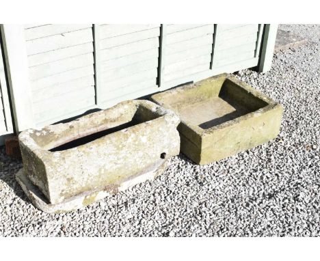 Antique stone trough, 59cm x 51cm, and another in two sections, 74cm x 35cm