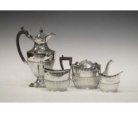 Edwardian silver four-piece tea set with gadroon decoration comprising; hot water jug, teapot, cream jug and sugar bowl, Birm