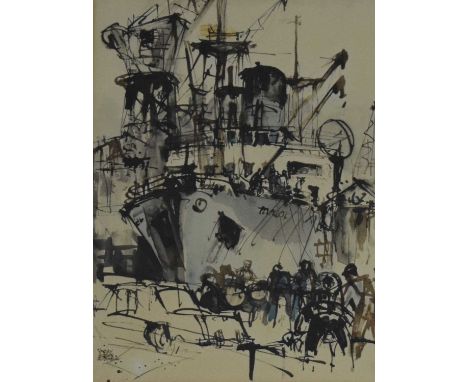 Harry Hudson Rodmell, (1896-1984) - Watercolour - Sketch of figures on a quayside before tall masted ships, signed lower left