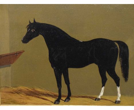 19th Century primitive style oil on panel - Study of a horse, unsigned, 17cm x 22cm, gilt framed 