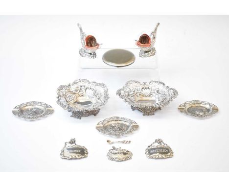 Matched pair of late Victorian pierced silver bon bon dishes, London 1890, together with three Continental dishes, decanter l