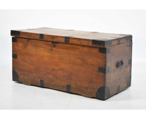 19th Century metal bound pine trunk, 90cm x 45cm x 45cm high