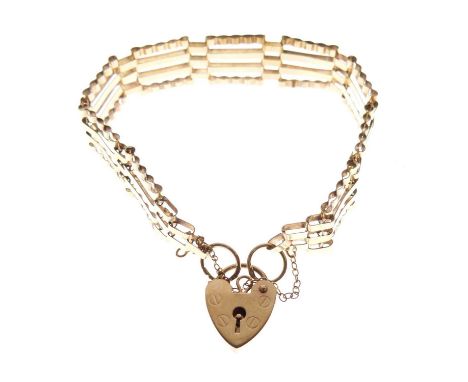9ct gold gate link bracelet with heart padlock, 8.7g gross approx