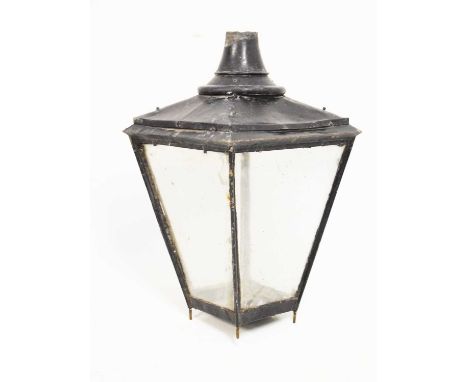 Victorian japanned copper street lamp with glazed panels, bearing label 'Parkinson', 46cm x 47cm x 80cm high approx