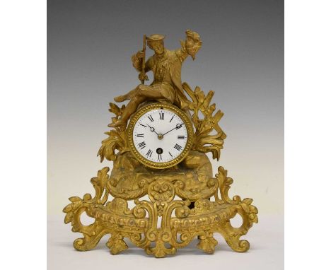 19th Century French gilt spelter mantel clock, white enamel Roman dial, single-train timepiece movement, the figural surmount