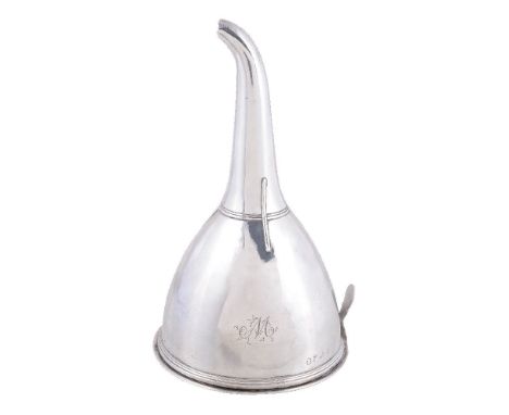 A George III silver wine funnel, maker's mark indistinct (WB or WH), London 1807, with threaded rims, the strainer with a mus