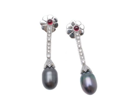 A pair of diamond, ruby and cultured pearl earrings, the cultured pearl drops with diamond accented caps, to articulated diam