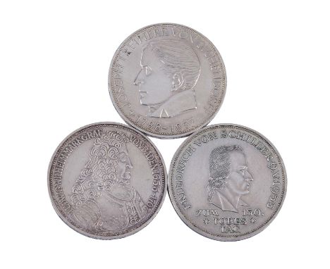 BRD - Schiller, Markgraf v. Baden und Eichendorff. 3 Stück. 5 DM 1955 F J.389, 1955 G J.390, 1957 J J.391. Winz. Kratzer, kl.
