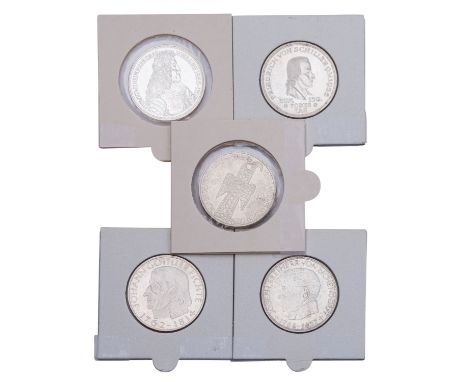 BRD - Die Top 5 unter den 5 DM. 5 DM 1952 D J.388 "Germanisches Museum", 5 DM 1955 F J.389 "Schiller", 5 DM 1955 G J.390 "Mar