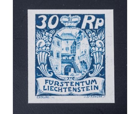 Liechtenstein 1925, Mi. Nr. A 2, nicht ausgegebene, ungezähnte Marke 30 Rappen in dunkelviolett-ultramarin, Auflage: 1000 Stü