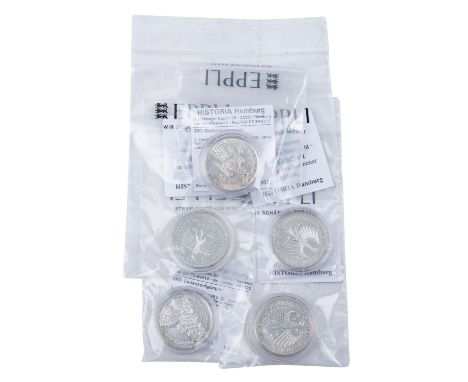 BRD TOP 5 - 1 x 5 DM 1952/D, Germanisches Museum; 1 x 5 DM 1955/G, Markgraf von Baden; 1 x 5 DM 1957/J, Eichendorff; 1 x 5 DM