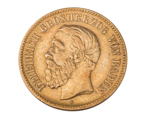 Dt. Kaiserreich /GOLD - Baden, Friedrich I. 5 Mark 1877-G ss-vz, tiefer Kratzer, Randdruckstellen, ca. 1,98 g.| German Empire